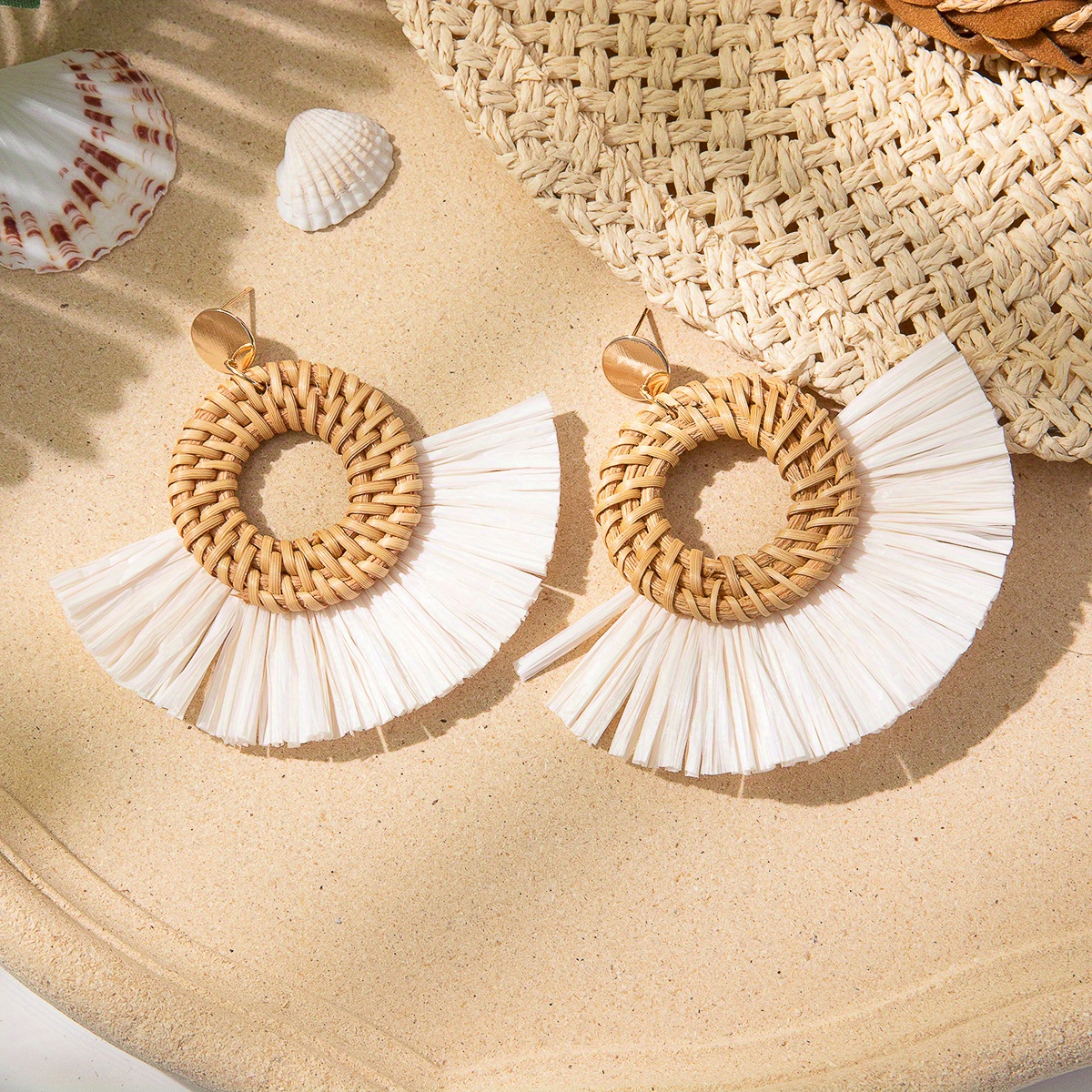 Raffia Grass Tassel Rattan Dangle Earrings Boho Vacation Style